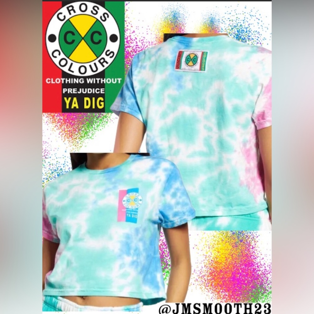 🛑CLEARANCE‼️🆕 CROSS COLOURS Flag Logo Crop tie-dye T-Shirt blues & pink